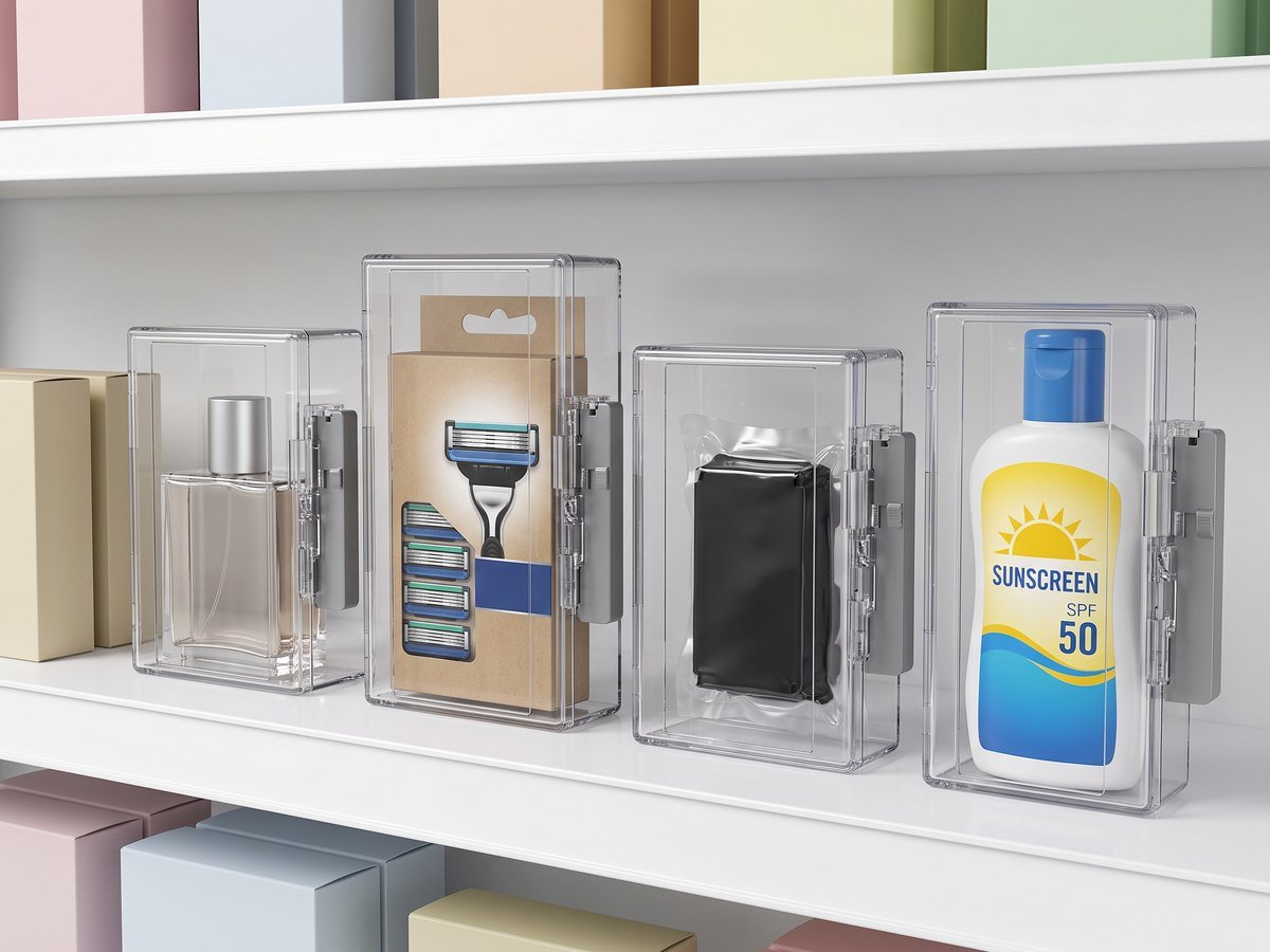 Transparent polycarbonate anti-theft boxes with perfume, razor blades, ink cartridge and sunscreen on a shelf
