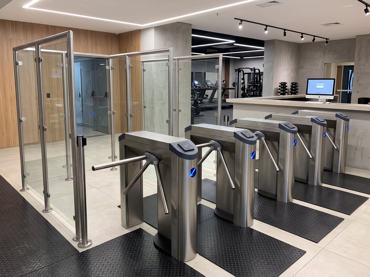 Fila de catracas de controlo de acesso em inox na receção de um ginásio