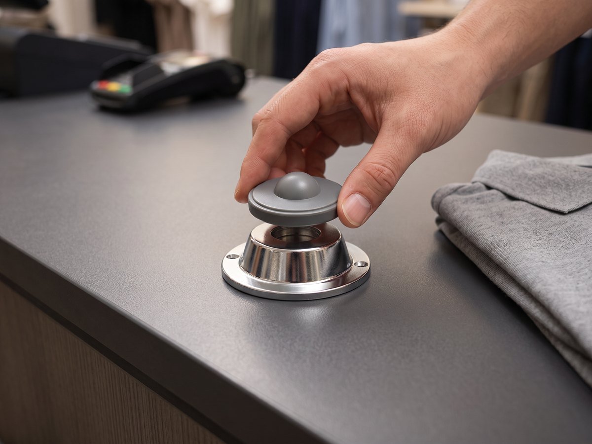 Silver magnetic detacher on the checkout counter releasing an anti-theft hard tag
