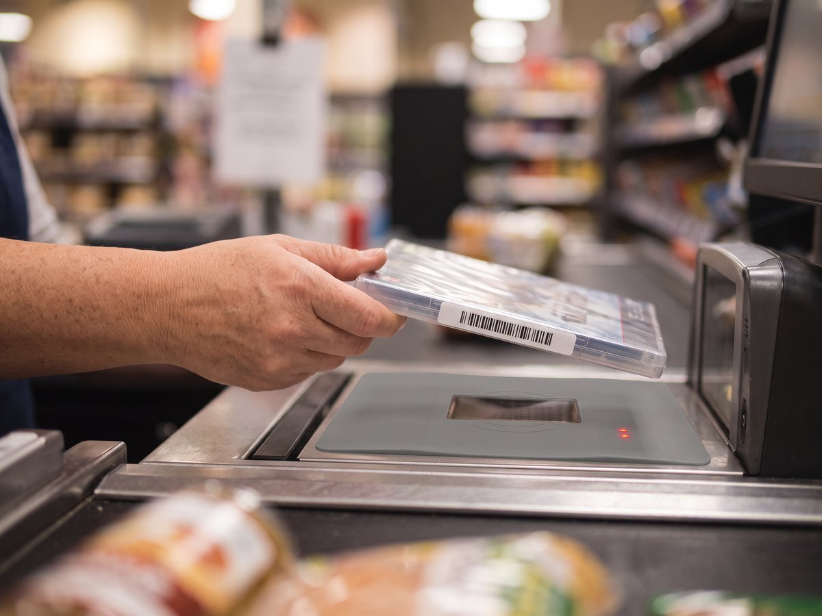 Operador de caixa de supermercado a passar um produto com etiqueta AM sobre o desativador