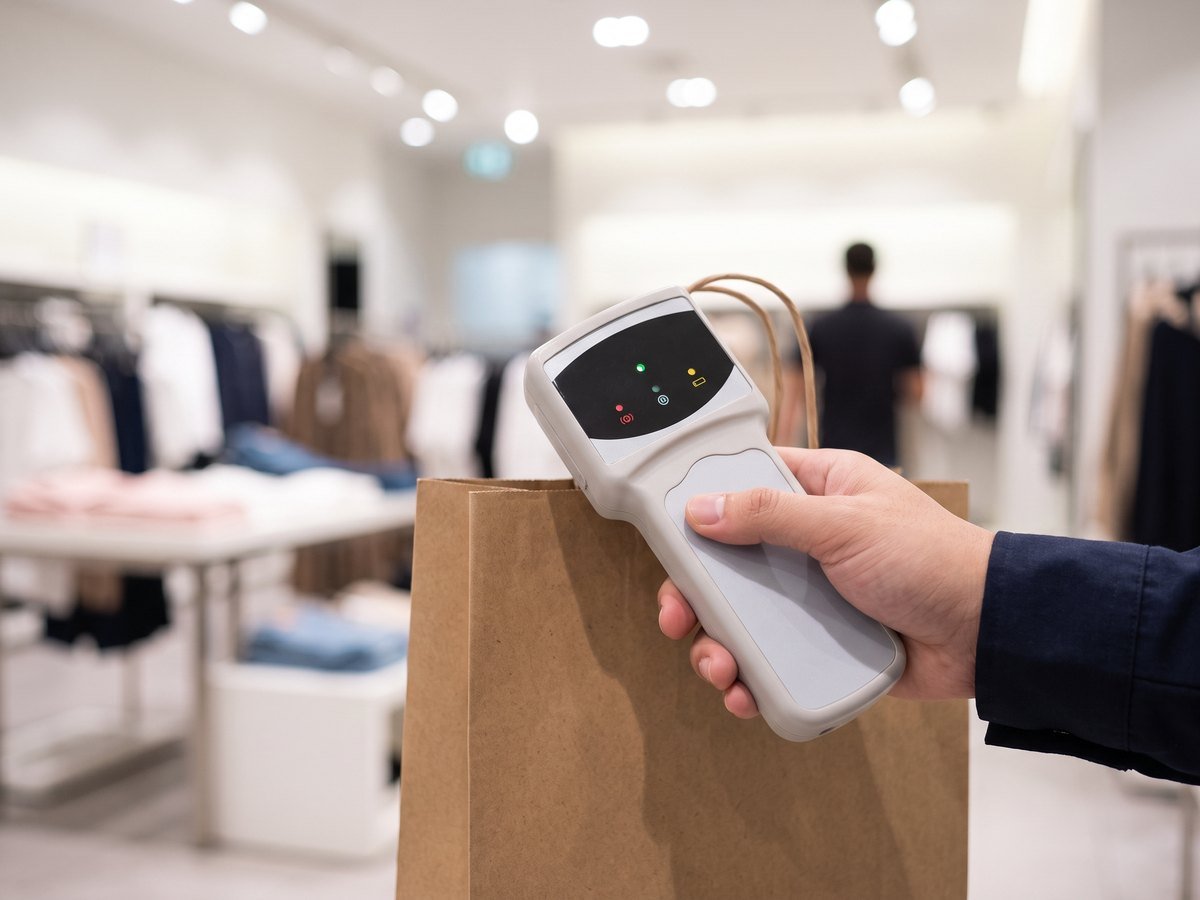 Hand holding a handheld anti-theft tag detector next to a shopping bag inside a store