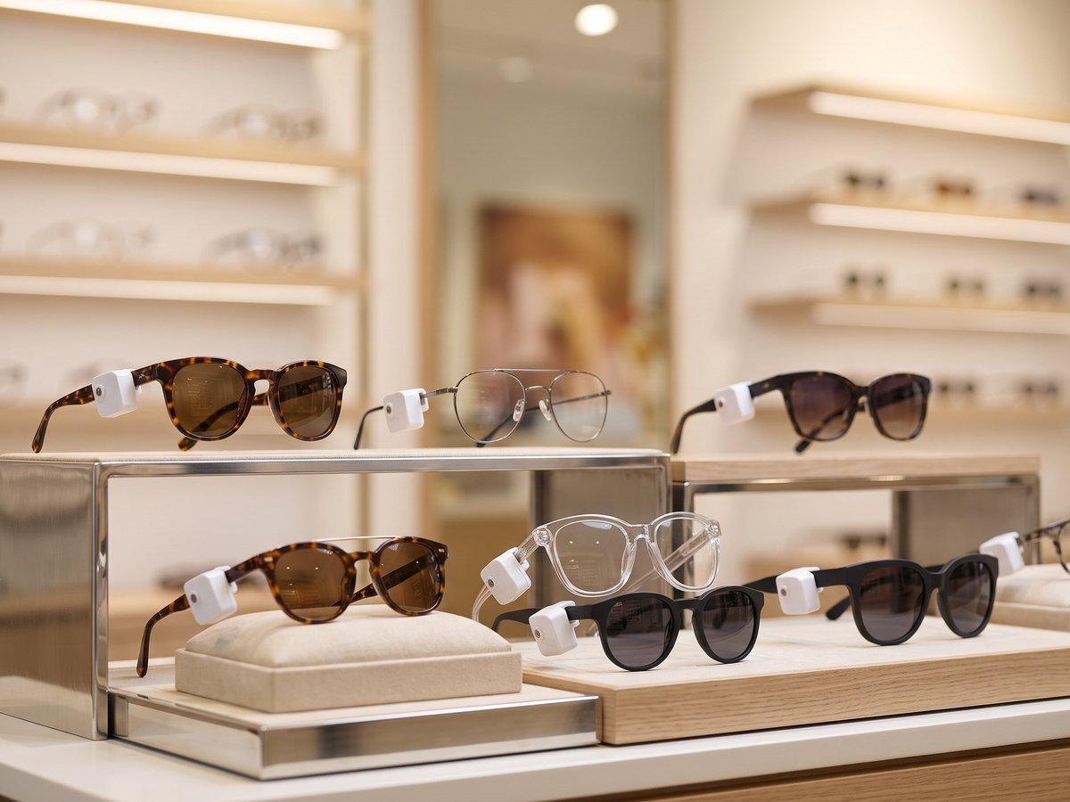 Sunglasses and prescription frames on an optical store display with small white anti-theft tags on the arms