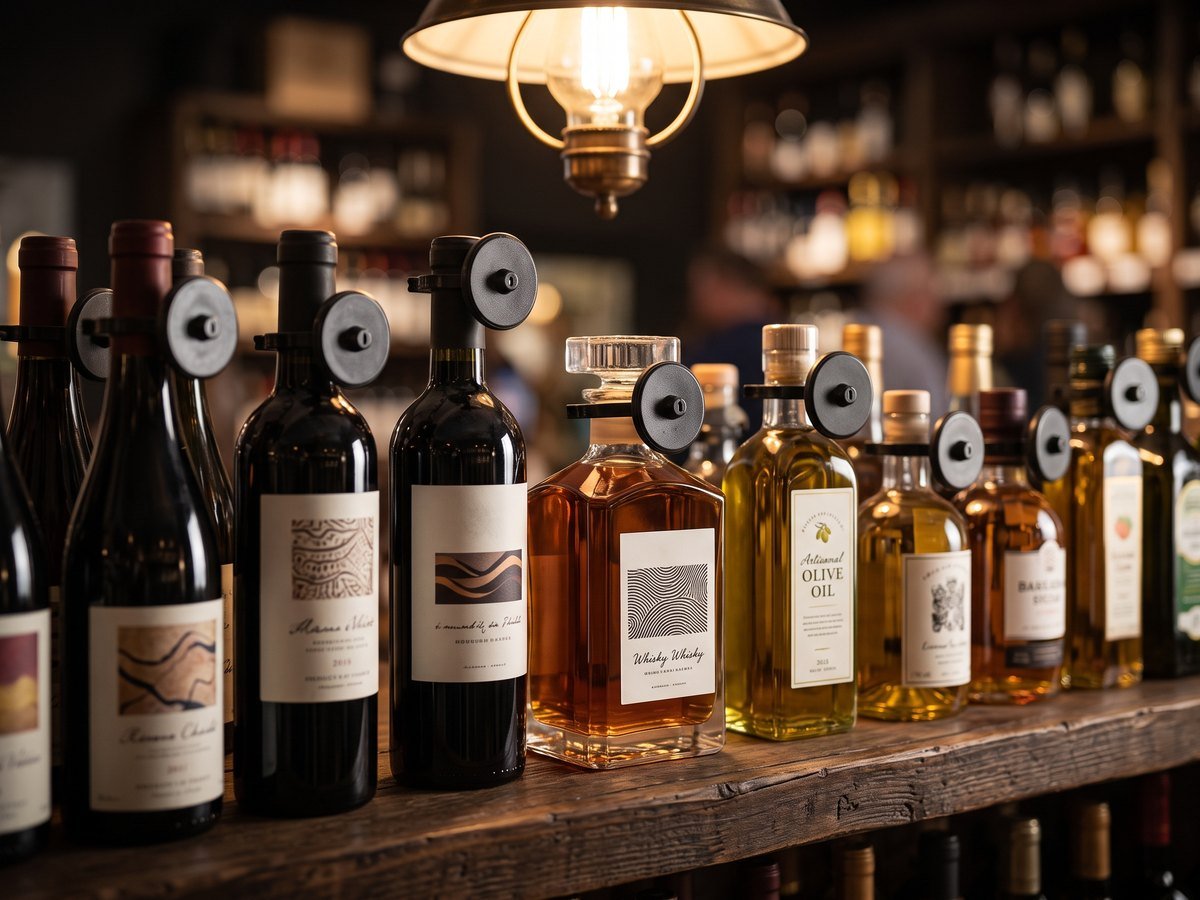 Wine, whisky and olive oil bottles on a shelf with black anti-theft tags on the necks