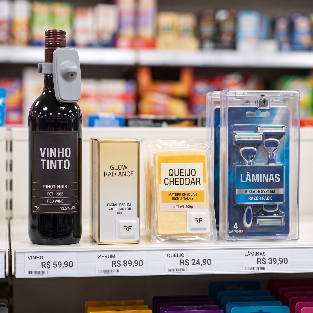 Etiquetas antifurto aplicadas em produtos de supermercado