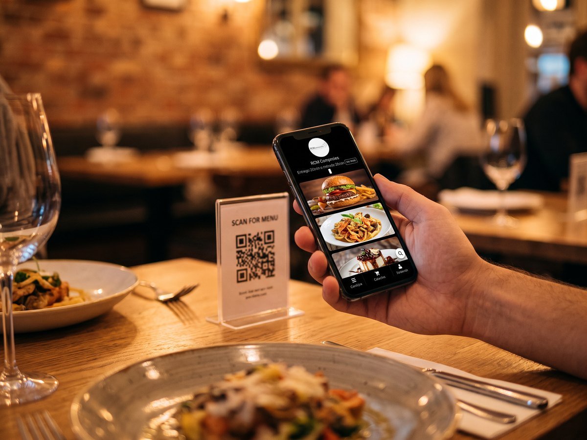 Cliente a segurar um telemóvel com menu digital na mesa de um restaurante com suporte de QR Code