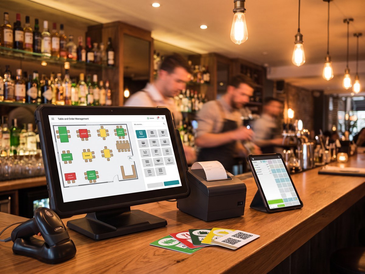 Bar counter with a POS monitor showing a table map, thermal printer, tablet and order tags