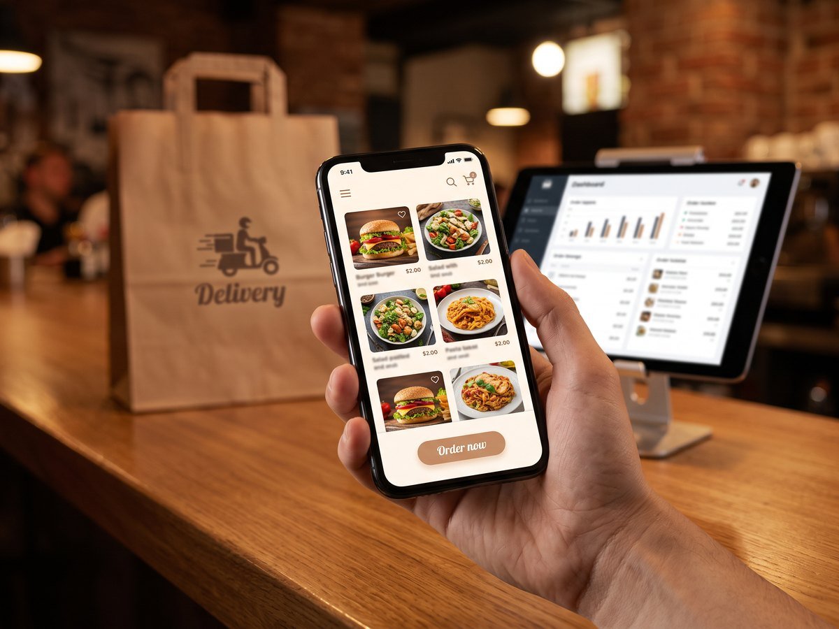 Hand holding a phone with a food delivery app on a restaurant counter