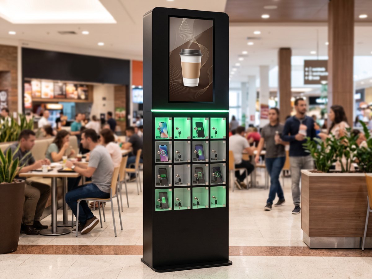 Totem carregador de telemóveis com ecrã de anúncios e compartimentos com chave numa zona de restauração